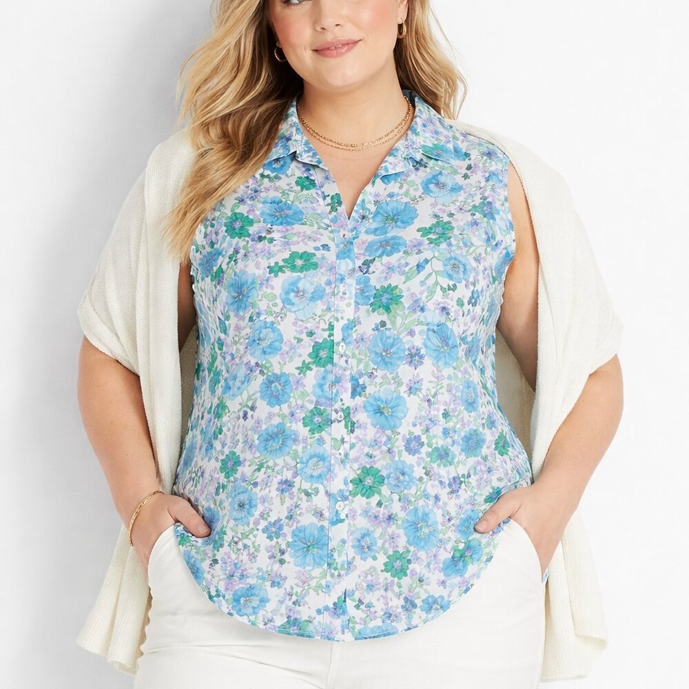 Talbots Floral Non Iron Sleeveless Shirt Spring Easter Classic Preppy